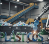 Robot formando la palabra "PLÁSTICOS" con botellas de plástico recicladas, simbolizando reciclaje y automatización.