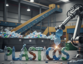 Robot formando la palabra "PLÁSTICOS" con botellas de plástico recicladas, simbolizando reciclaje y automatización.