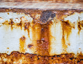 Detalle de superficie metálica blanca corroída con manchas de óxido marrón y naranja, mostrando deterioro y textura rugosa.